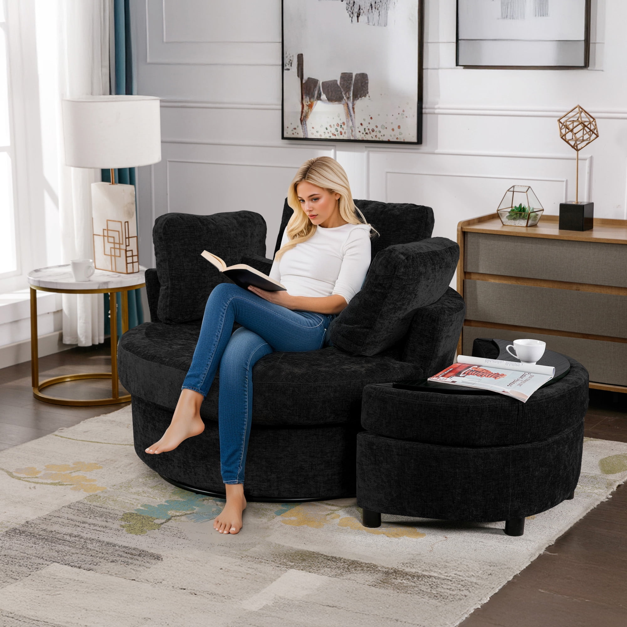 Lunale Oversized Swivel Accent Barrel Chair with Storage Ottoman, Black Chenille