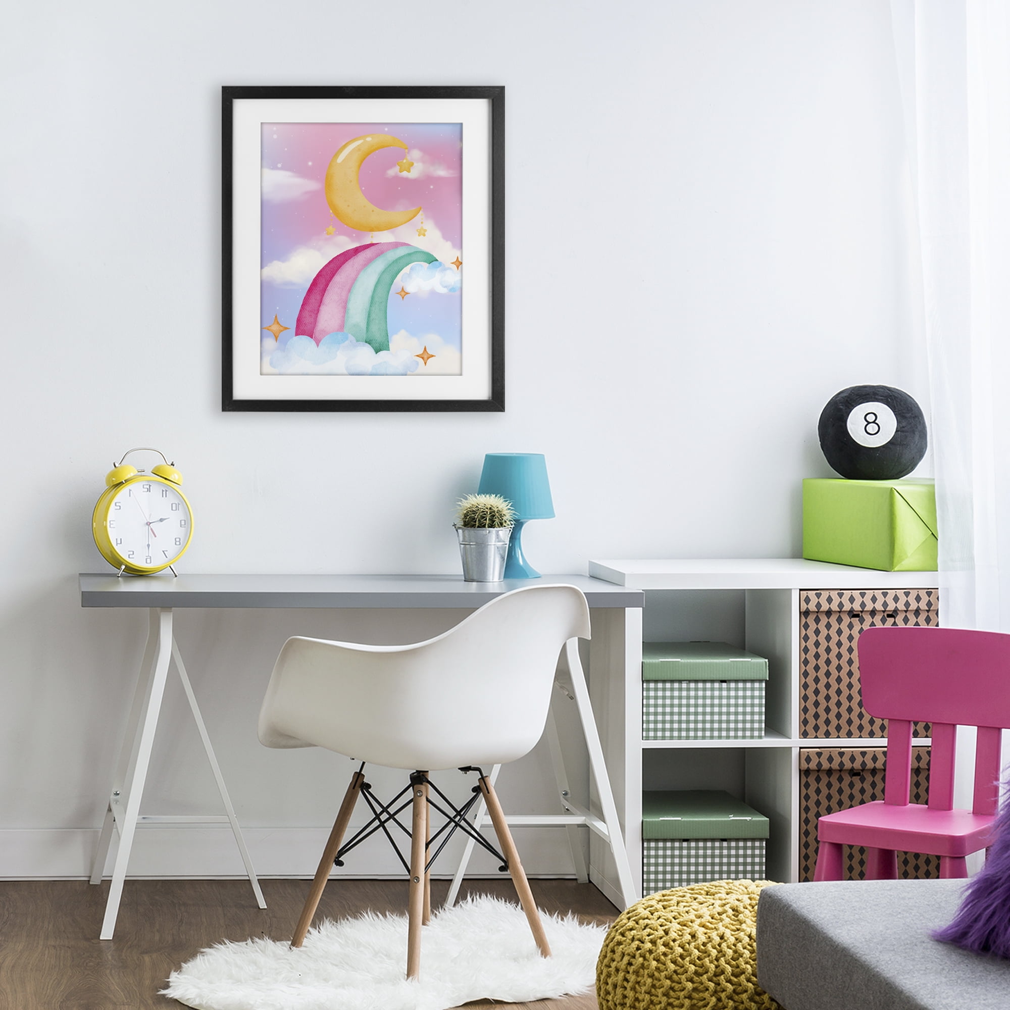 Moon Rainbow in Clouds Black Framed Print Under Glass, design by Jesse Keith