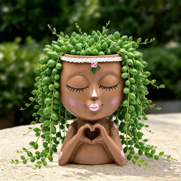 Girls Face Planter Pot with Heart Hands Indoor Resin Head Planter, White | Cute Home Decor Succulent Container has Drainage Hole Cactus Herbs Shelf Office Gardening, Teacher Gifts