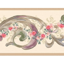 Dundee Deco's Peel and Stick Wallpaper Border - Floral Green Pink Flowers Scrolls Wall Border Retro Design, 15 ft x 7 in, Self Adhesive
