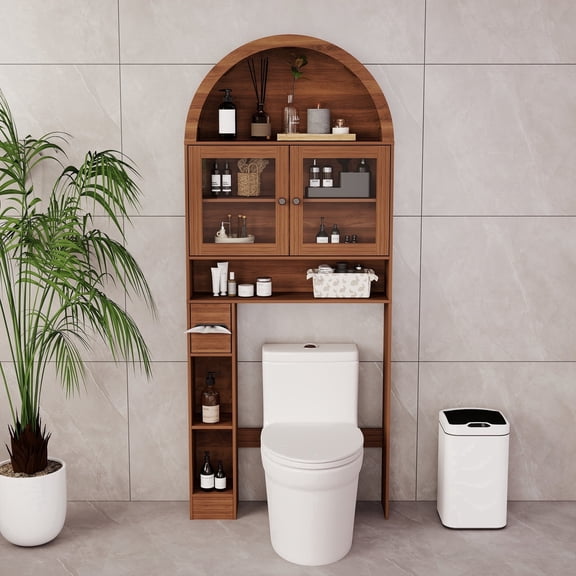 Furtivusia Over The Toilet Storage Cabinet, 4 Tier Storage Shelf Organizer, Arched Cabinet with Glass Doors, Walnut