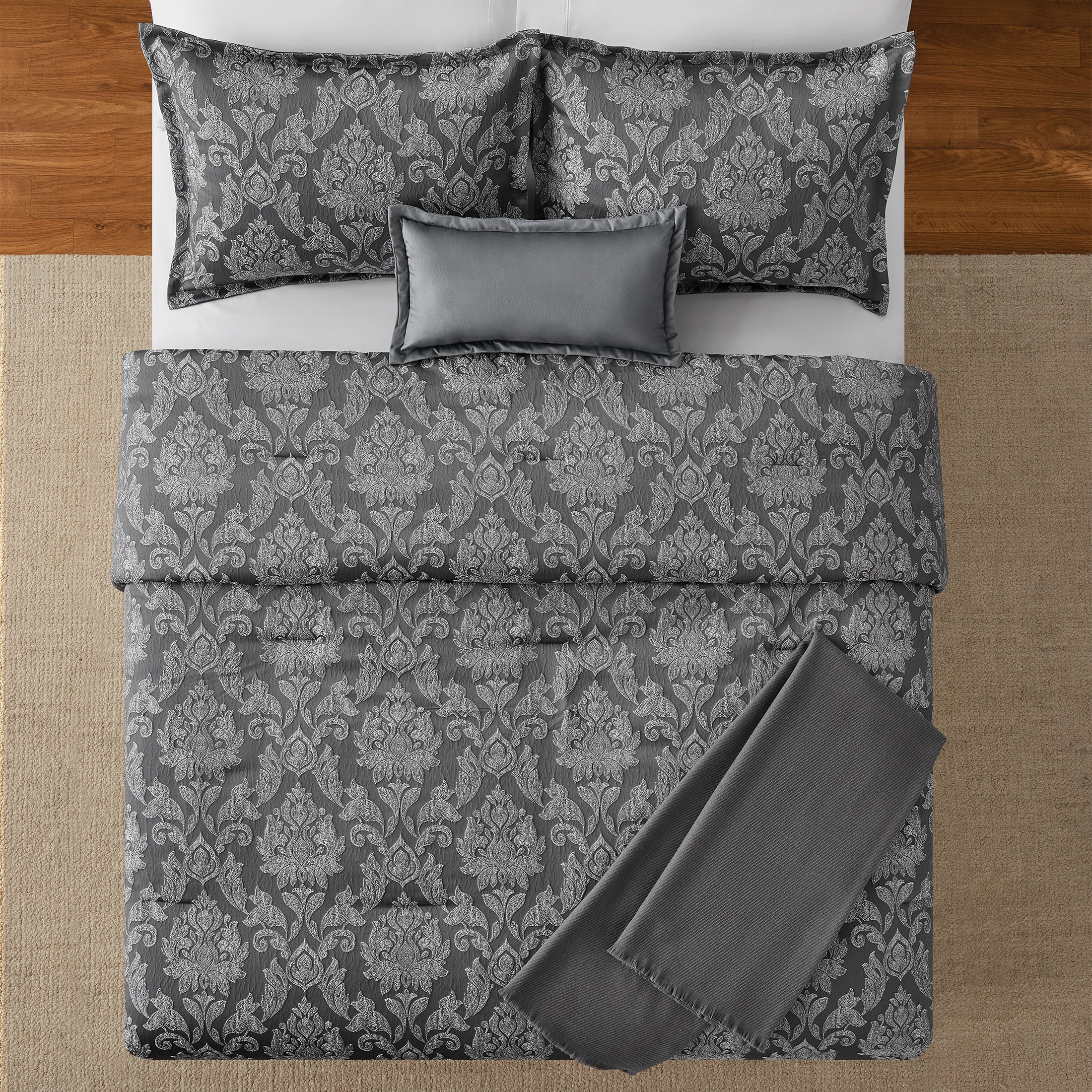 Mainstays Full/Queen Comforter Set, All-Season, 5-Piece, Grey Jacquard Damask