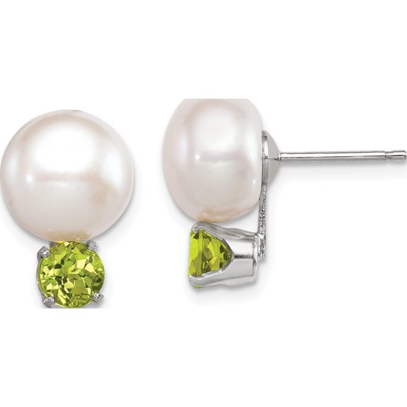 Sterling Silver 10-11mm Fw Cultured Button Pearl With Peridot Earrings (16 X 11) Made In China qe12797