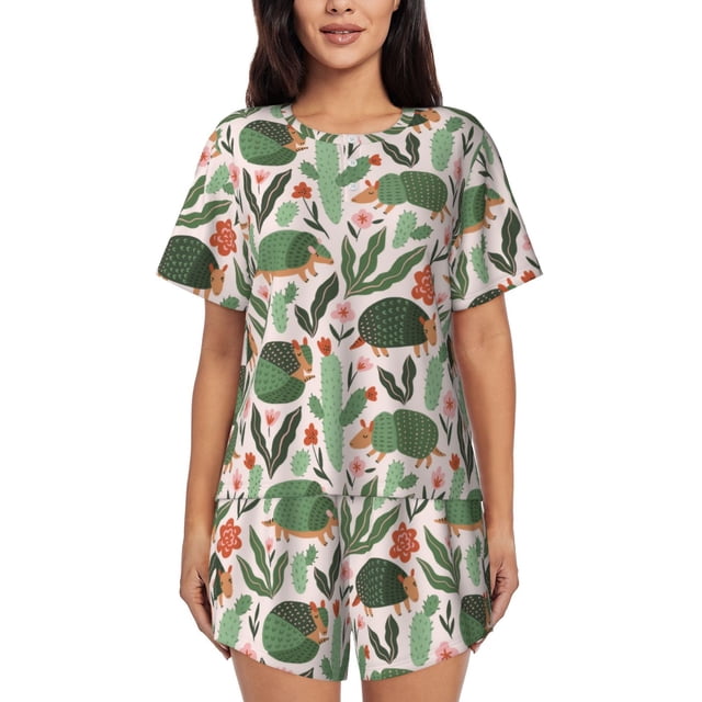 Xecao Armadillo Pattern Women's Short Sleeve Pajama Set Soft Sleepwear Lounge Set with Button Front Top and Drawstring Shorts with Pockets-Large