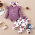 thumbnail image 4 of Kucnuzki Newborn Girls Outfit Sets Fall Ruffle Long Sleeves Letter Print Romper Top Floral Pants with Headband 3pcs Pant Sets Purple 0-3 Months, 4 of 10