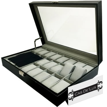 Luxury Watch Box 24 Velvet Pillow Slots, Premium Display Case With Framed Glass Lid, Elegant Contrast Stitching, Sturdy & Secure Lock - By Cas De` Lux