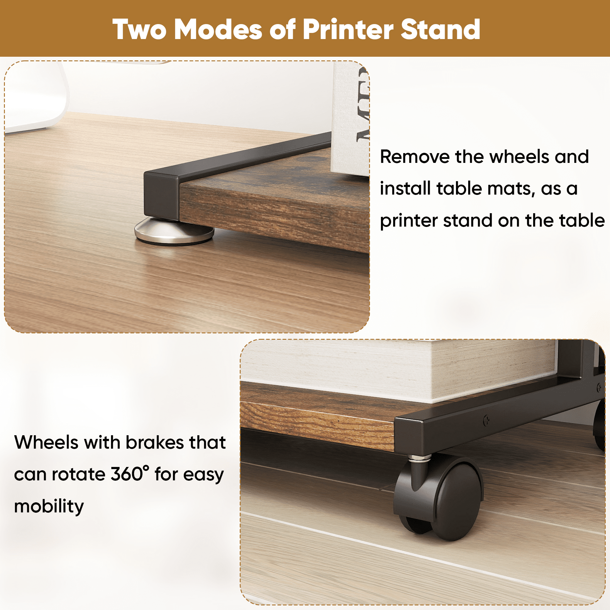 Petoto Printer Stand, 2 Tier Rolling Printer Table with Locking Wheels, Printer Cart for Under Desk, Home, Office, Rustic Brown