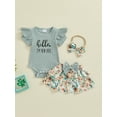 thumbnail image 3 of Musuos Newborn Girl Skirt Set 3M 6M Ribbed Letter Print Short Sleeve Romper Floral Print Ruffles Skirts Headband 3Pcs Clothes Set, 3 of 9
