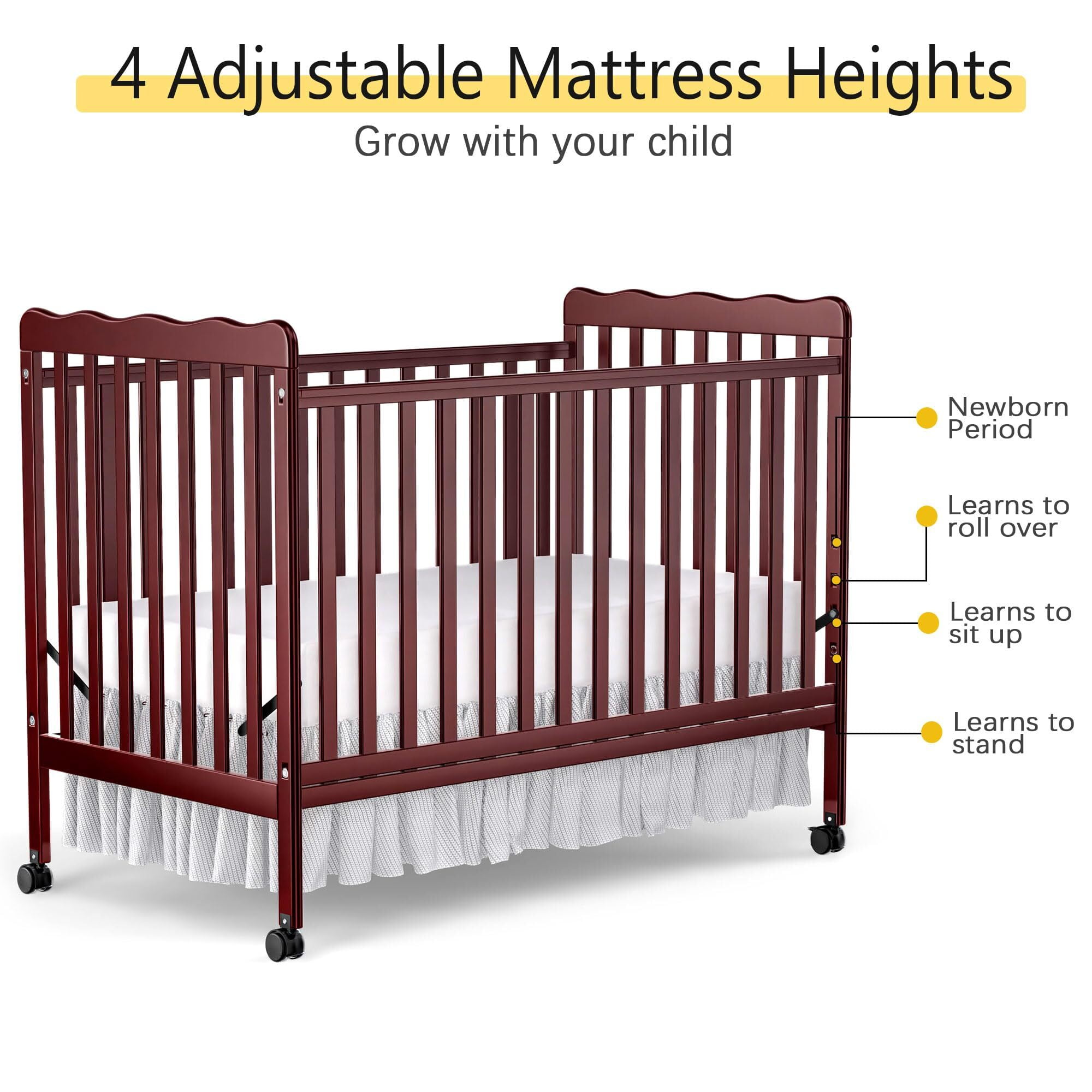 Baby Convertible Crib 3 In 1, Converts from Baby Crib to Toddler Bed, New Zealand Pinewood Baby Bed with Locking Wheels and Teething Rail, Crib with 4 Height Adjustment and Non Toxic Finish, Cherry