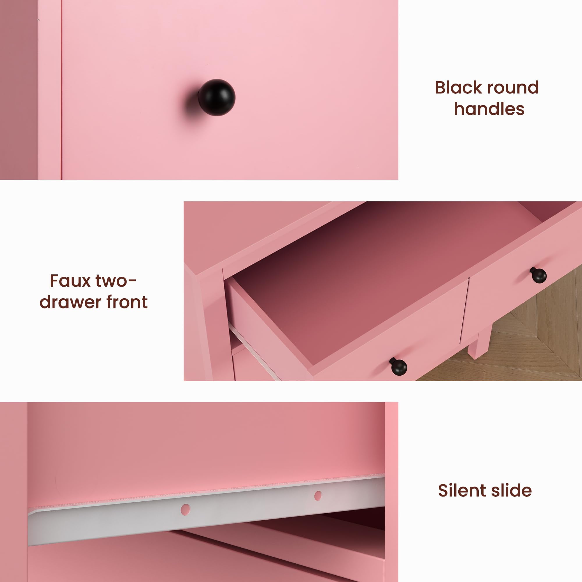 May in Color Pink 3 Drawer Dresser Set of 2 with Soft-Close Drawers, Modern Wood Chest for Bedroom, Living Room