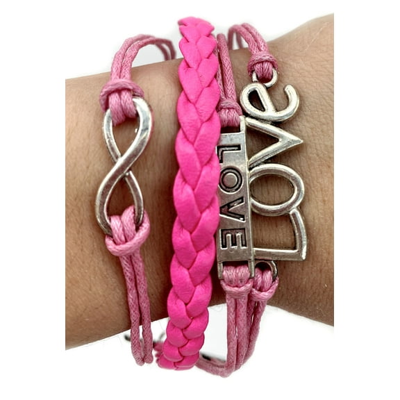 Vintage Silvertone Love Bar Love Infinity Charms Hot Pink Braided Leather Rope Bracelet