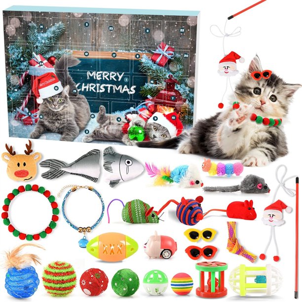ECPECAD Advent Calendar 2024 Christmas Advent Calendar , Christmas Countdown Toy 24Pc Cat Channel Teasing Stick Pet Cat Toy Set Tunnel Toy