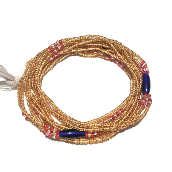3-in-1 Gold Tie-on Waist Beads with Blue and Red Accent Beads