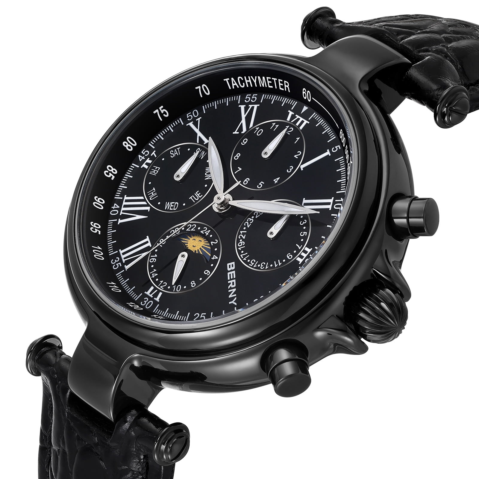 BERNY Automatic Watch for Men Classic Mechanical Self Winding Wristwatch 3ATM Waterproof Multi-Functional Dials Date, Week, Month and Moon Phase