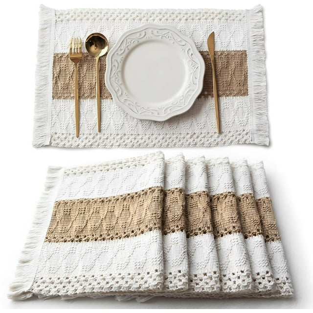 Manteles Individuales para Mesa, 6 Piezas Tapetes para Mesa de Comedor, 100% Algodón, Manteles Individuales Trenzados Rectángulo, Resistente al Calor, Antideslizante, Fácil de Limpiar