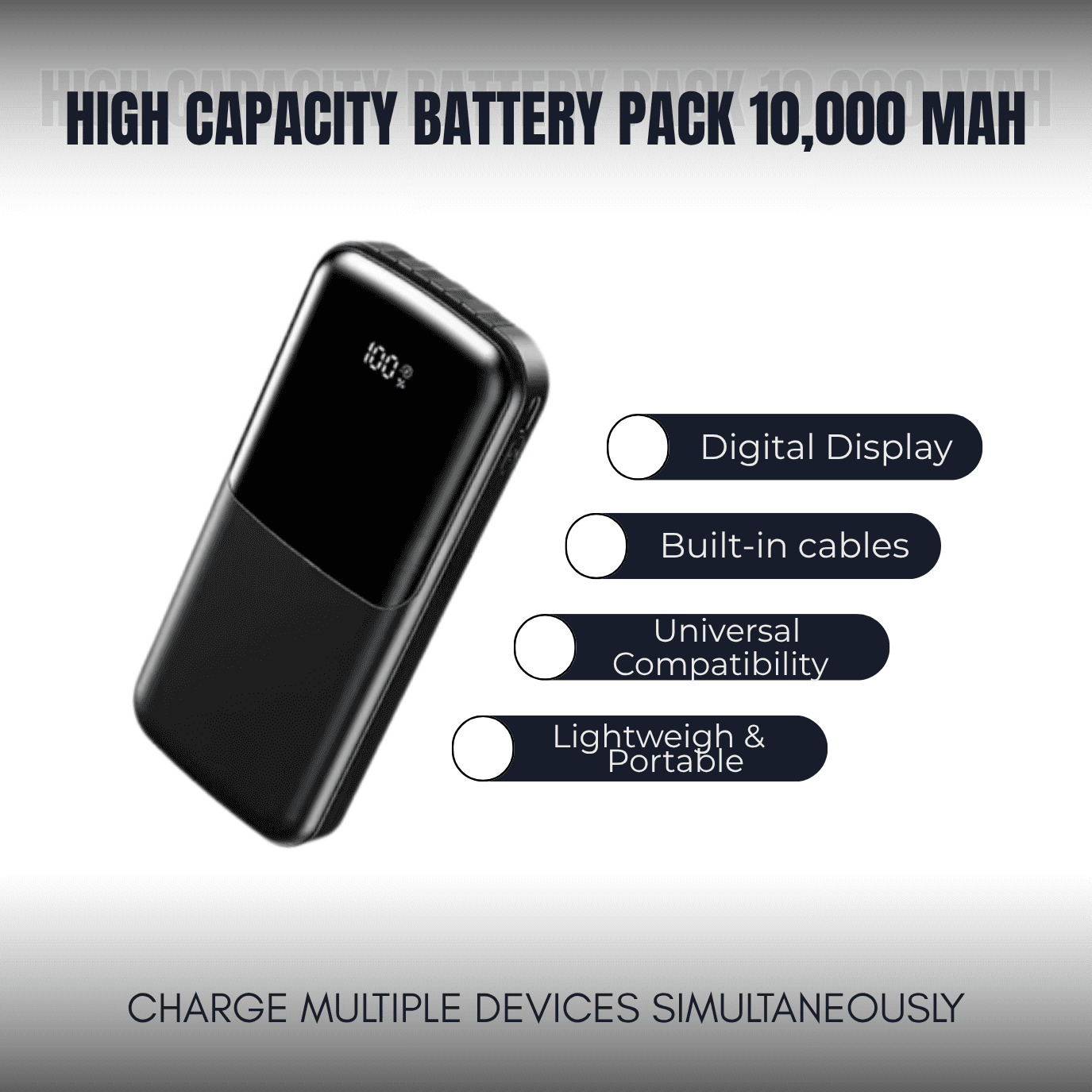 Entronix 3-in-1 Power Bank with Built-In Cables, 10000 mAh Portable Charger 22.5W Digital Display, Black