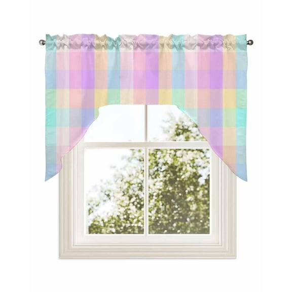 Pink Blue Kitchen Curtains Swag Valance for Windows/Bathroom/Cafe, Buffalo Plaid Checker Modern Gingham Lattice Rod Pocket Drape Panel Swag Curtains Valance for Bedroom/Living Room 56"x36"