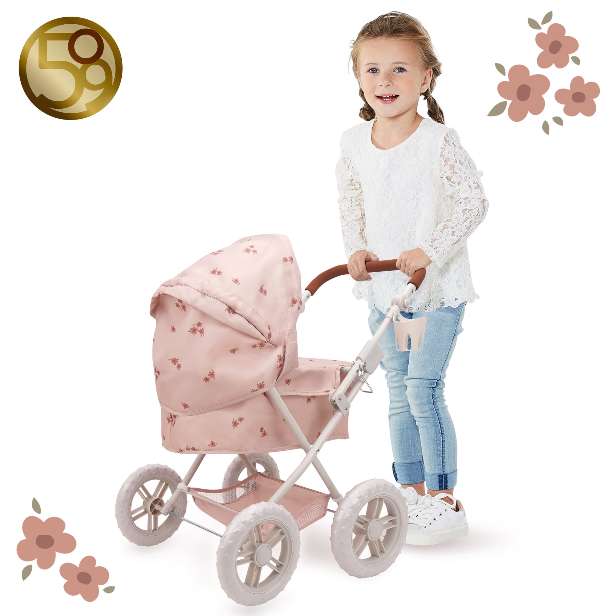 509 Crew: Ballet Flora - Deluxe Amanda Doll Pram - Soft Pink & Flowers, Handbag, Sun Canopy, Adjustable Handle, Foldable, Doll Accessory Toy, Kids 3+