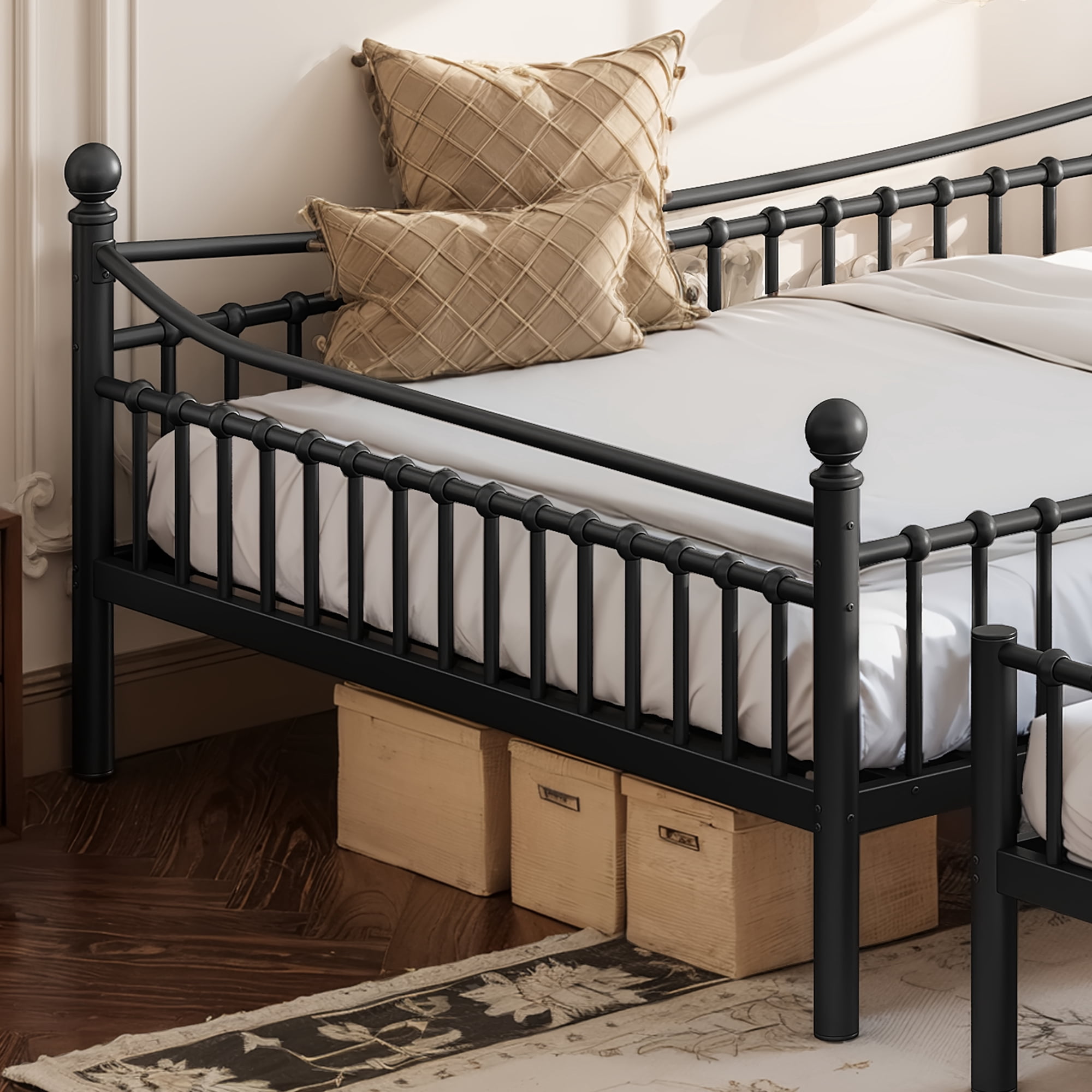 Queen Over Queen Metal Bunk Bed 87.8 Inch, Curved Guardrail Round Tube Frame for Kids Teens Adults, No Box Spring Needed, Black