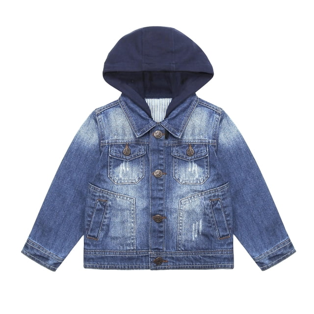 KIDSCOOL SPACE Little Kid Ripped Letters Embroidered Jean Hooded Jacket,Blue,3-4 Years