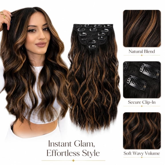 Clip-In Hair Extensions – Long Wavy Synthetic Hair | Invisible Volume Booster, Natural-Looking Hairpiece for Women kit pack