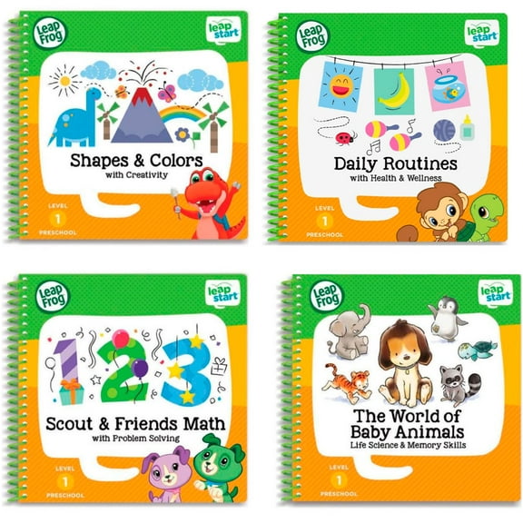 LeapFrog LeapStart Preschool 4-in-1 Activity Book Bundle with Daily Routines , Shapes & Colors, Math, Animals