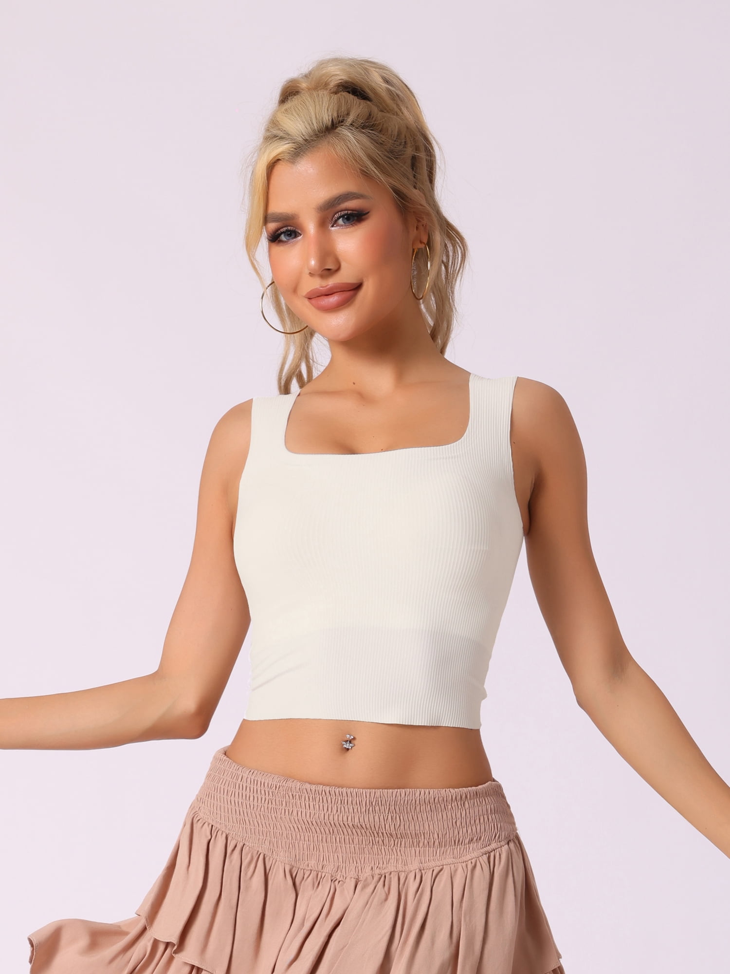 DARING DIVA Women's Square Neck Ribbed Slim Fit Tank Top Built-In Bra L White