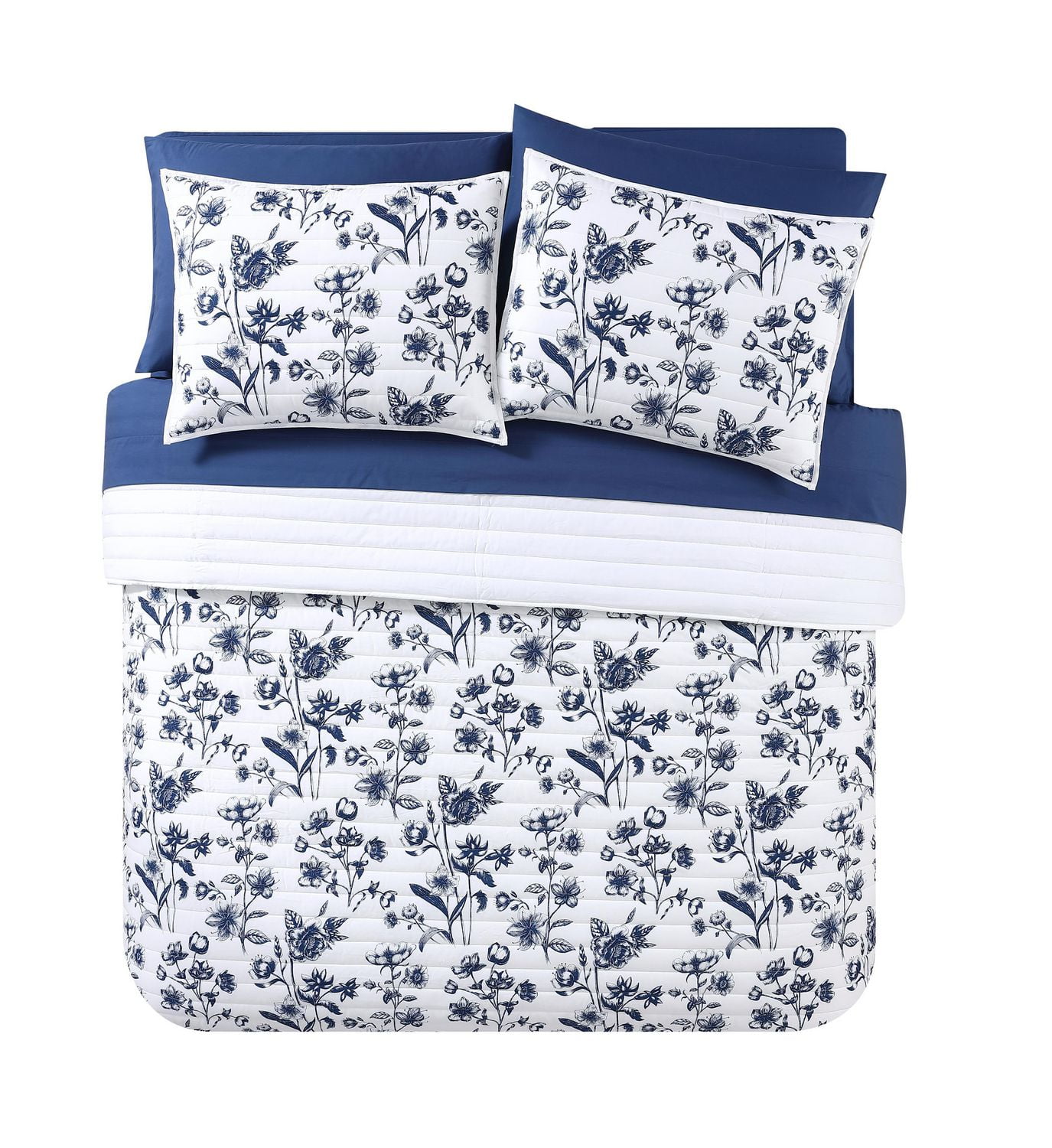 Ensemble de Courtepointe à Fleurs Bleu Marine, 3 pièces