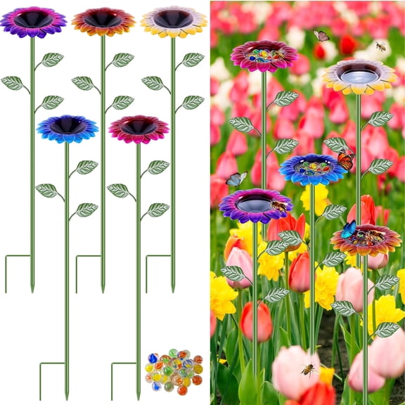 Aovky 5 Pack Bee Watering Station, Metal bee feeder ba for Garden, Flower Design Water Feeder with 35 Glass Marbles for Outside, Colorful Butterfly Bath Bowl for Thirsty Pollinators Garden Yard Decor