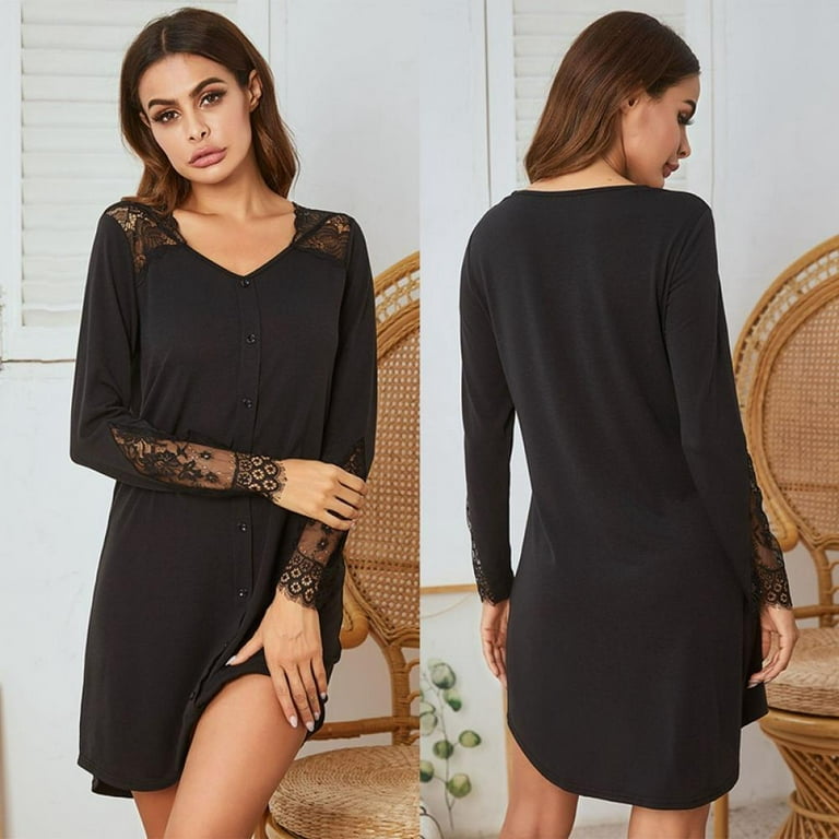 Long Sleeve Nightgown Black Lace  Women Long Lounge Nightgowns