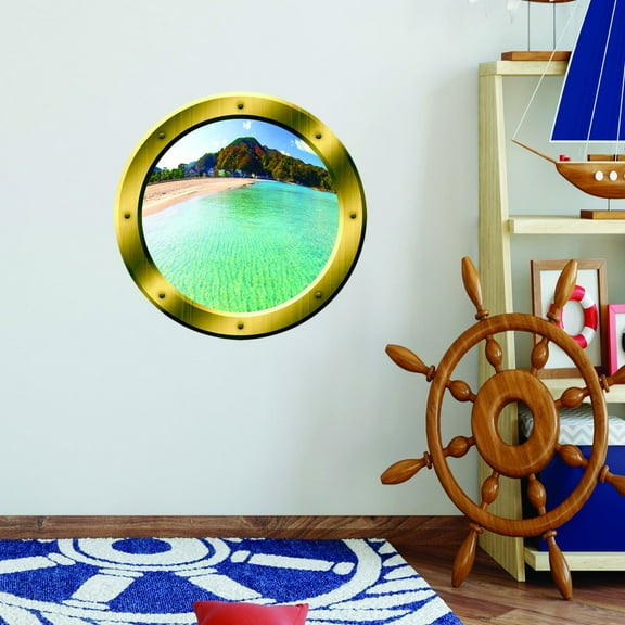 VWAQ Island Scenery Background Wall Decal Porthole Beach Scene - GP17 (14" Diameter)