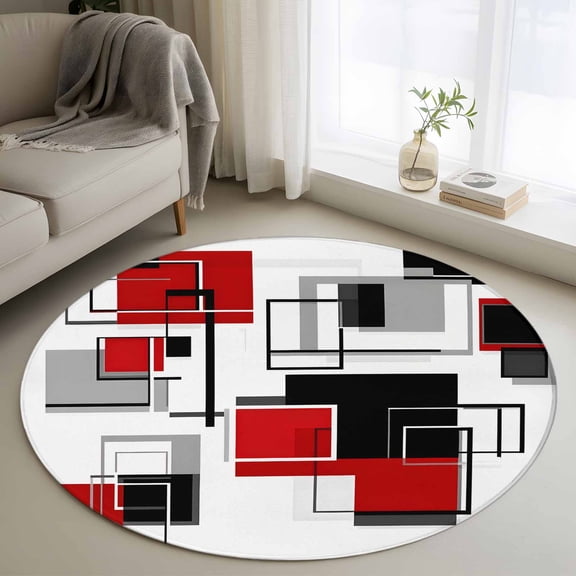 Round Rugs 3Ft, Red Grey Black Round Area Rug Washable Indoor Throw Carpet, Irregular Abstract Modern Geometric Small Non Slip Circle Rug for Bedroom Living Room Home Decor Aesthetic