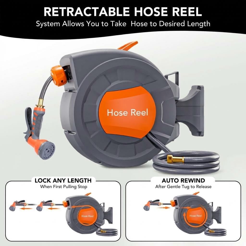 AIKKYS 100ft Retractable Garden Hose Reel with Auto Rewind,180° Swivel Bracket & 9-Pattern Nozzles,Any Length Lock Wall-Mounted Water Hose Reel