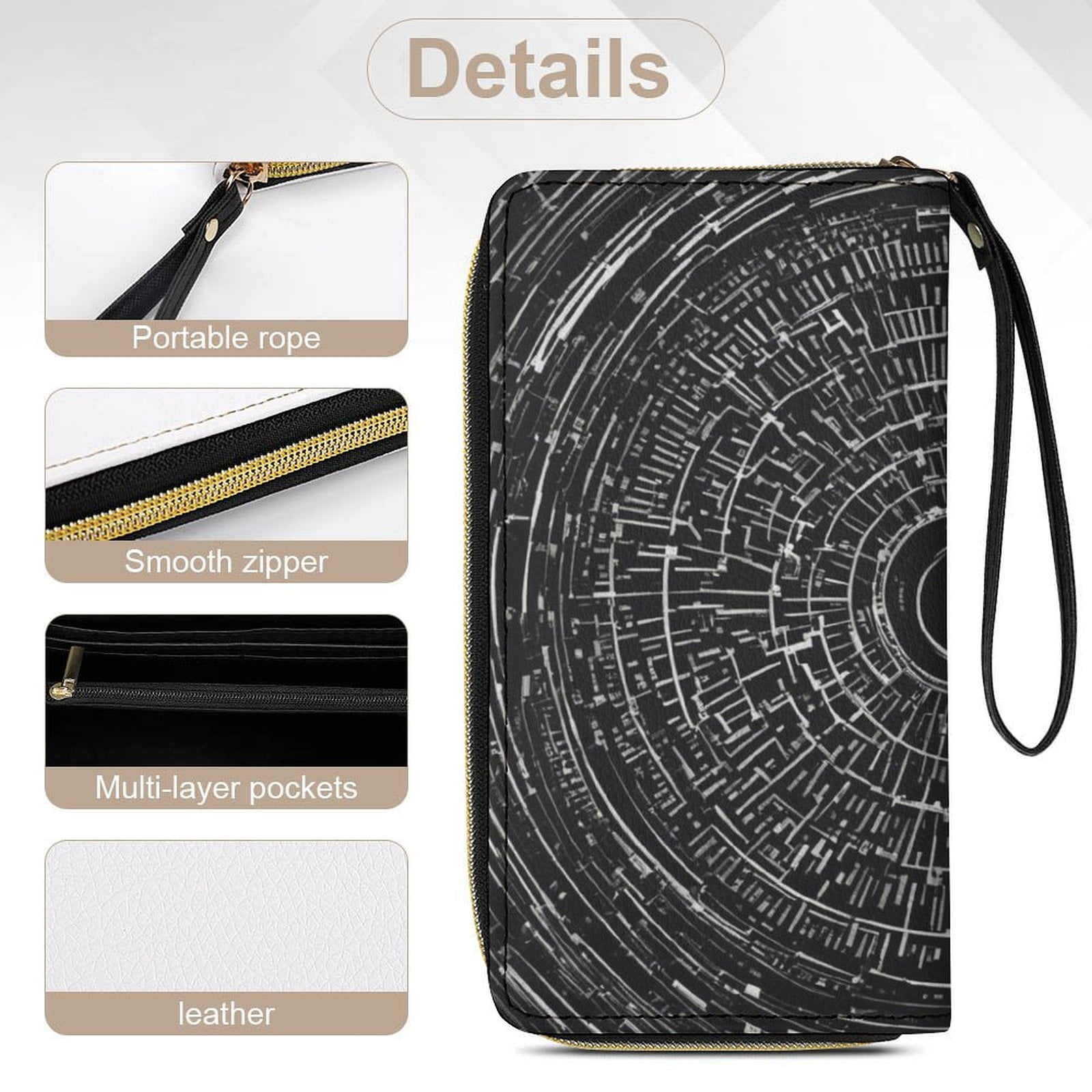 Womens Wallet Bifold Ladies Cluth Bag Wristlet Wrist Strap Long Purse Boho Black Circle Design