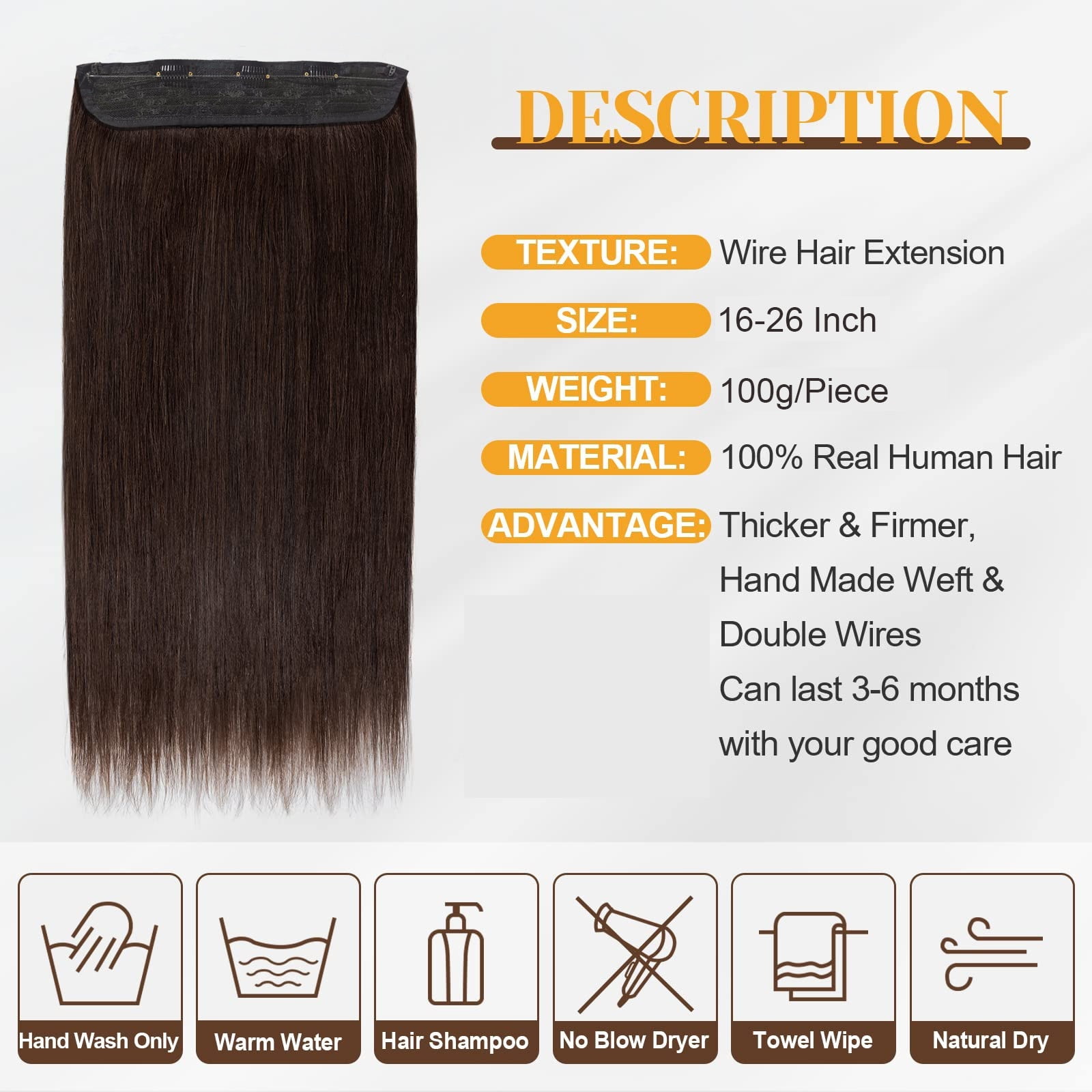 One Piece Clip in Hair Fish Line Hair Extensions Human Hair Dark Brown Color #2 Clips Real Natural Brazilian Hair Apply Invisible Wire 16-26 Inch
