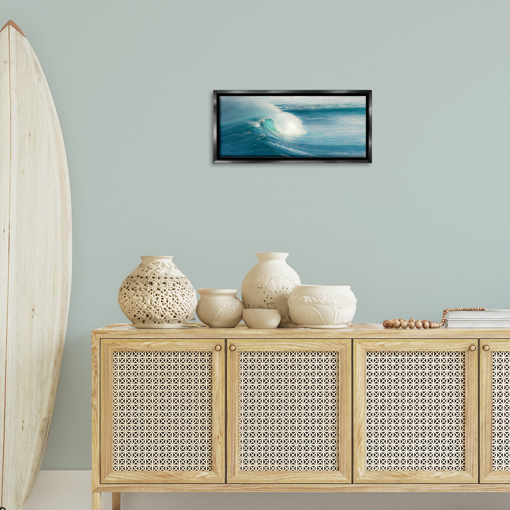 Stupell Industries Bending Ocean Wave Nautical & Beach Photography Black Floater Framed Canvas Art Print Wall Art, 25 x 11