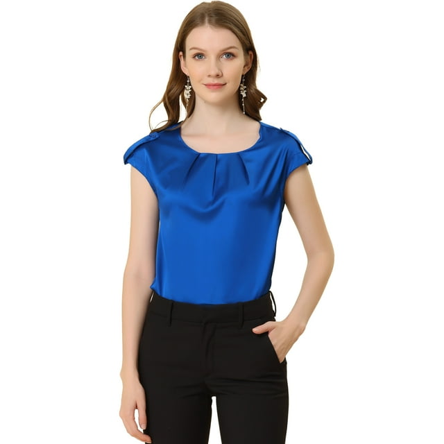 Unique Bargains Blouse Soyeuse à Manches Courtes pour Femmes Col Rond Plissé Décontracté Élégant