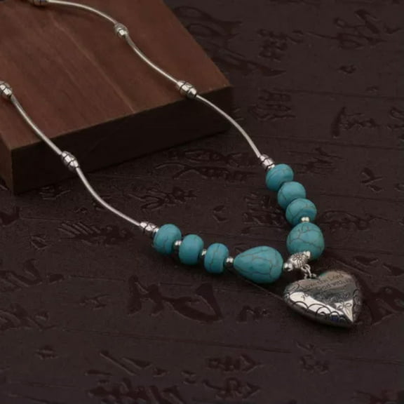 EOEMY Vintage Women'S Tibetan Silver Turquoise Beads String Pendant Necklaces Jewelry-3008