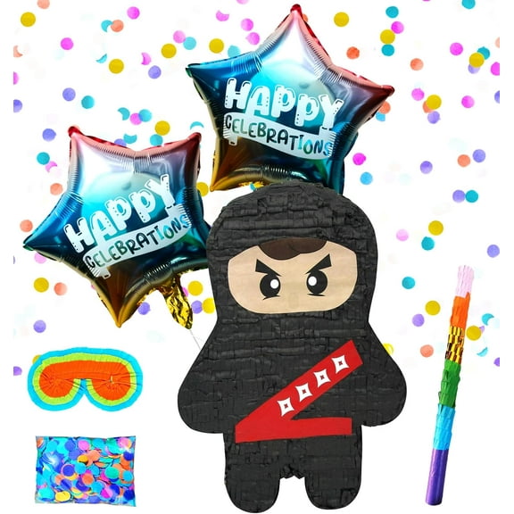 Ninja Pinatas and Birthday Party Supplies, Ultimate Decor for a Ninja Warrior Party Theme Pinatas With Blindfold, Busterstick, Confetti and 2 Ballons