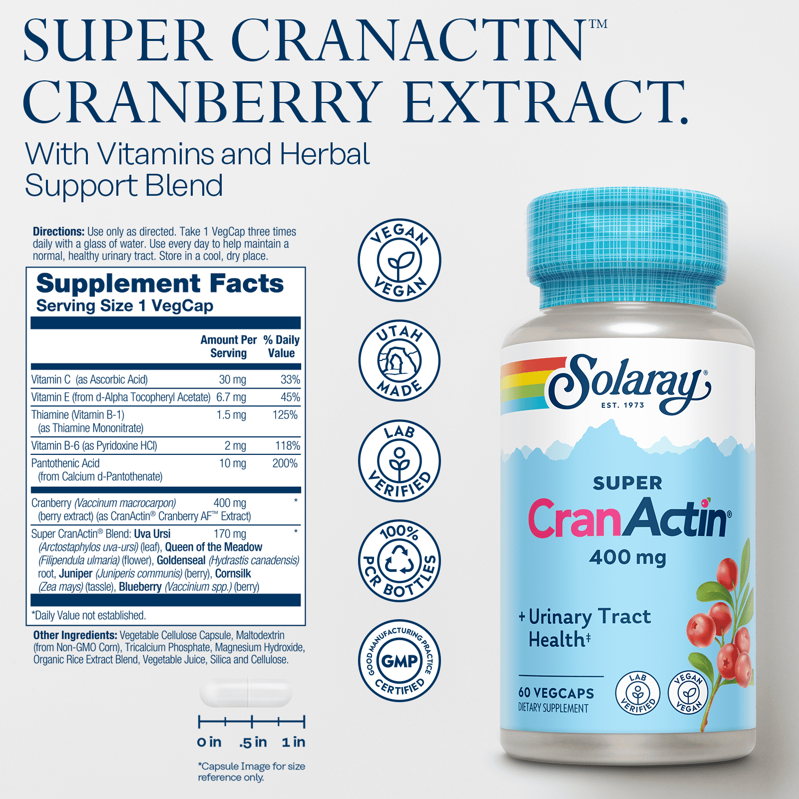 Solaray Super CranActin Cranberry Extract 400mg | Healthy Urinary Tract Support | With Added Vitamins | 60 VegCaps