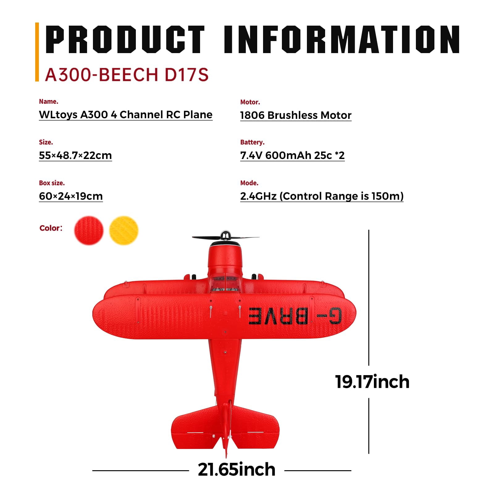 WLtoys A300 4-Ch RC Plane, Beechcraft D-17 RC Airplanes with Lights, 6G/3D Brushless RC Planes with 2 Batteries, 2.4G Remote Control RC Airplanes