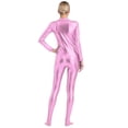 thumbnail image 2 of Lejafay Women's Shiny Metallic Bodysuit Front Zipper Full Body Jumpsuit Catsuit Romper Pink 3XL, 2 of 5