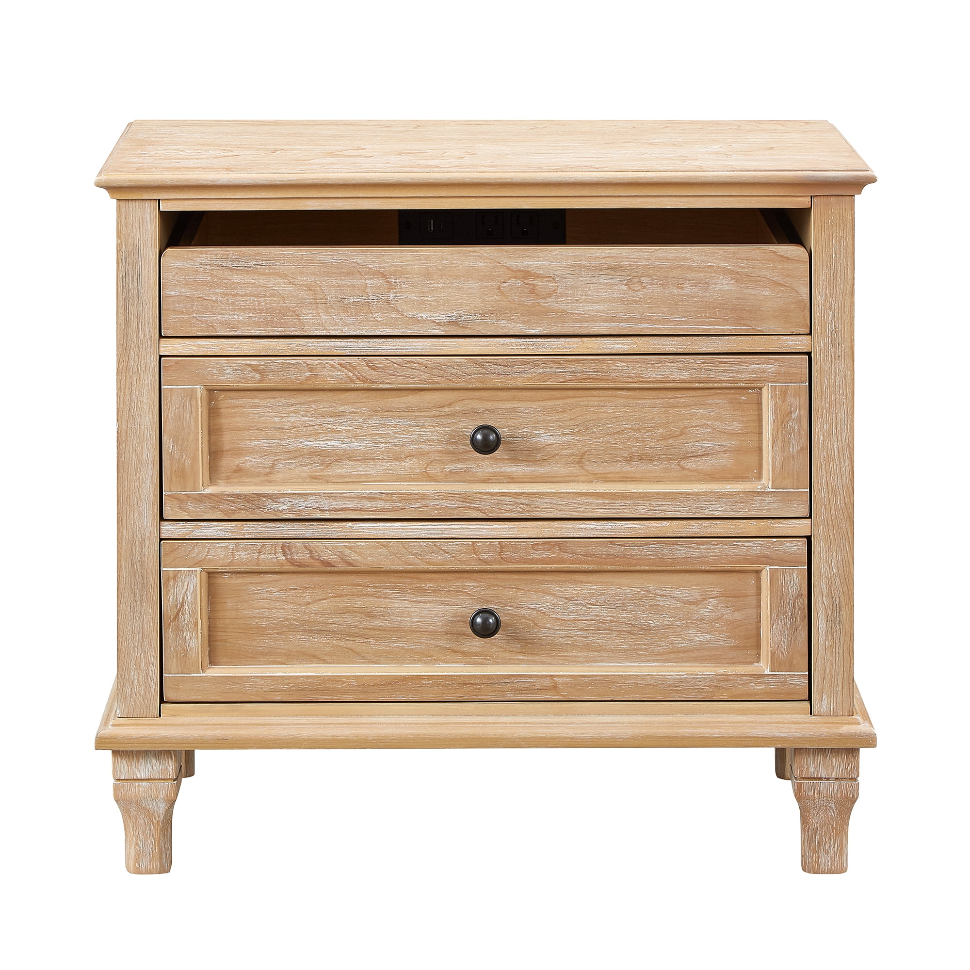 Leumius 28" Nightstand with Charging Station, Farmhouse Bedside Table with 3 Drawers, USB and Type-C Ports, Storage End Table for Bedroom Living Room Office Natural