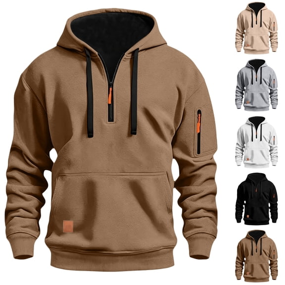 Quarter Zip Pullover Hoodies Mens Casual Drawstring Long Sleeve Sweatshirts with Kangaroo Pocket and Arm Pocket Trendy Fall Outfits 2026