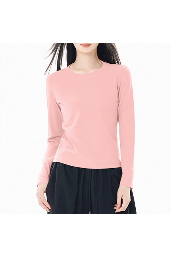Long Sleeve Cotton Shirts for Women Solid Color Casual Basic Crewneck Tee 2025 Fall Slim Fit Going Out Tops (Pink, M)