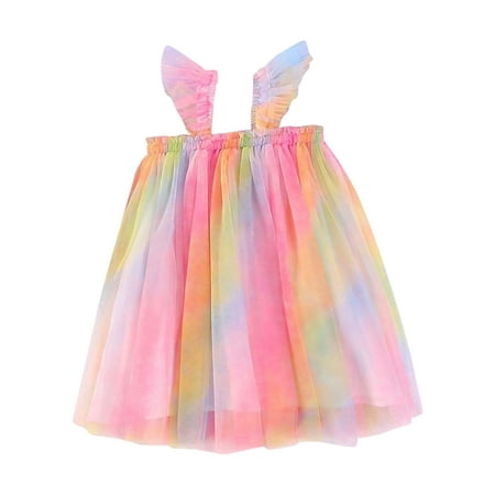 

BSDHBS Girls Dresses Toddler Girls Fly Sleeve Rainbow Tie Dye Tulle Princess Dress Dance Party Dresses Clothes