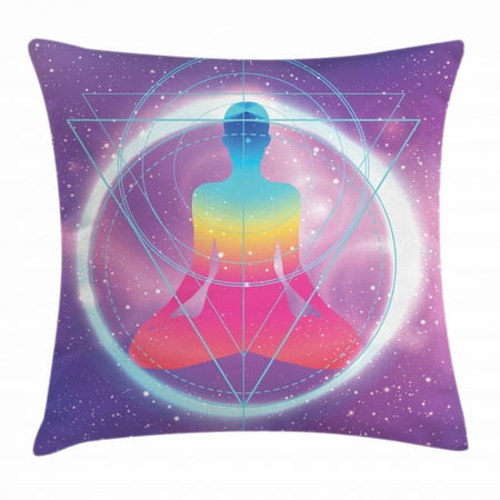 Indie Throw Pillow Cushion Cover, Human Silhouette Lotus Position Triangles Circles Galaxy Meditation Yoga, Decorative Square Accent Pillow Case, 16 X 16 Inches, Purple Light Blue Pink, by