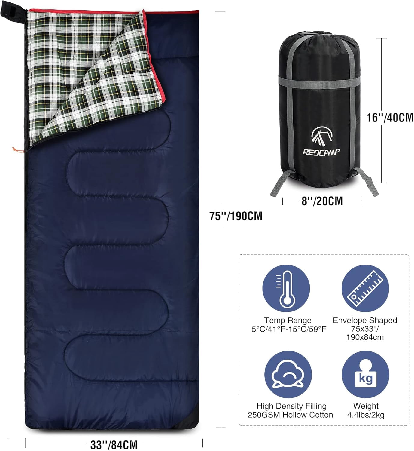 REDCAMP Cotton Flannel Sleeping Bag for Camping Backpacking, Adults Cold Weather Envelope Sleeping Bags with 2lbs Filling