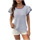 thumbnail image 1 of Tops de Cuello Redondo para las Mujeres, Rayas de Encaje Hoja Patchwork Suéter de Manga Corta para Uso Casero de Moda, 1 of 9