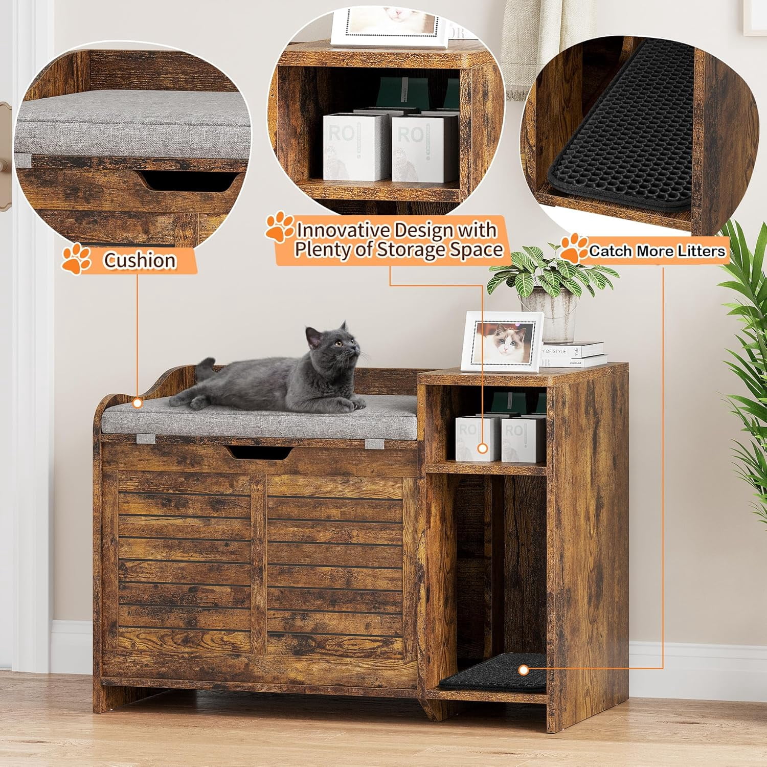 Hidden Cat Litter Box Furniture, Flip-Top Entryway Bench with Storage & Ventilation